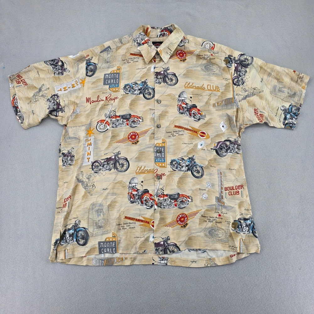 Harley Davidson 2003 Las Vegas Dealer Meeting Shirt Mens XL Tan Motorcycle AOP